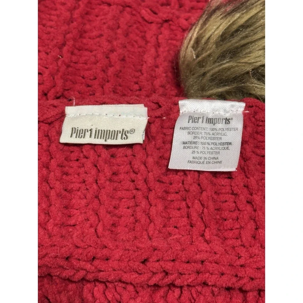 Pier 1 Imports Red Cable Knit Throw Blanket Faux Fur Trim 60” x 47”